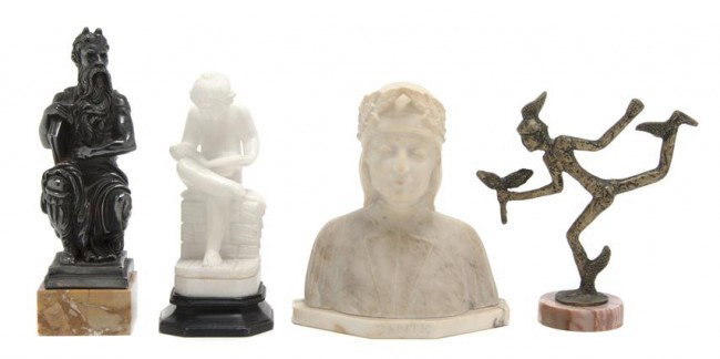 A Continental Sterling Silver Figure, Height of fi: A Continental Sterling Silver Figure, depicted with a book raised on a marble base, together with a marble bust of Dante, an alabaster figure of a child and a brass figure of Mercury. Height of first 