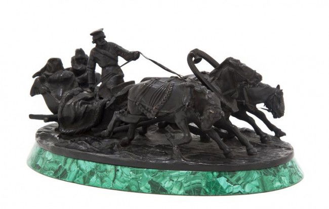 A Russian Bronze Figural Group, Vasilii Grachev (1: A Russian Bronze Figural Group, Vasilii Grachev (1831-1905), depicting a three horse troika with an izvozchik and two passengers, signed in Cyrillic with Woerffel foundry mark in Cyrillic, raised on a