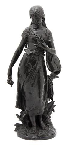 A French Bronze Figure, after Moreau, Height overa: A French Bronze Figure, after Moreau, depicting a standing maiden with a lute and flowers on a naturalistic ground. Height overall 28 1/2 inches.