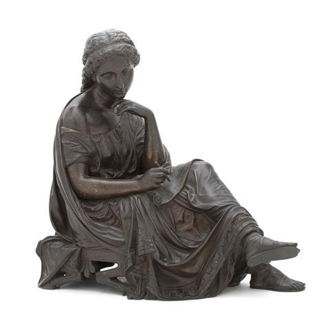 A French Bronze Figure, after Moreau, Height 15 in: A French Bronze Figure, after Moreau, depicting a seated female scribe. Height 15 inches.
