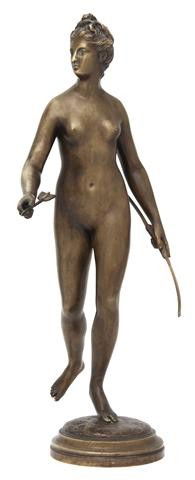 A French Bronze Figural Group, after Houdon, Heigh: A French Bronze Figural Group, after Houdon, depicting a striding Diana with bow and arrow. Height 24 inches.