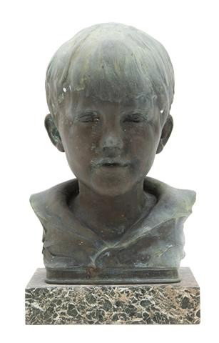 An American Bronze Bust of a Child, Willard Paddoc: An American Bronze Bust of a Child, Willard Paddock, set on a square stone base. Height overall 14 1/2 inches. Property from the William H. Moore Trust, Dorset, Vermont