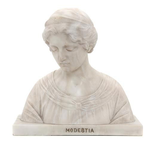 An Italian Carved Alabaster Bust, Height overall 1: An Italian Carved Alabaster Bust, Modestia, raised on a plinth base. Height overall 12 1/2 inches. Property from the Collection of Mr. and Mrs. John F. Monroe, Milwaukee, Wisconsin
