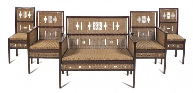 A Secessionist Woven Parlor Suite, Width of first: A Secessionist Woven Parlor Suite, comprising a settee, two armchairs and two side chairs. Width of first 41 1/4 inches.