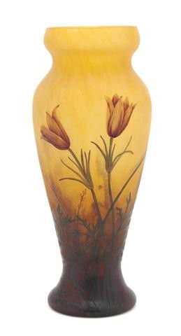 A Daum Cameo and Enameled Glass Vase, Height 10 5/: A Daum Cameo and Enameled Glass Vase, of baluster form, with anemone decoration, signed Daum Nancy. Height 10 5/8 inches.