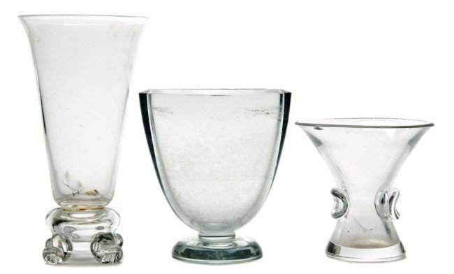 Two Steuben Glass Vases, Height of tallest 9 1/4: Two Steuben Glass Vases, the first model 7900, designed by John Dreves and the second designed by David Hills, together with an unmarked example. Height of tallest 9 1/4 inches.