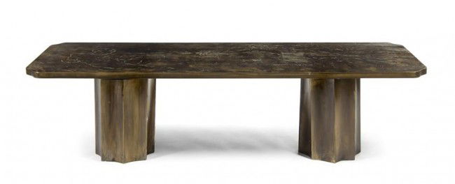 A Philip & Kelvin Laverne Patinated Bronze Coffee: A Philip & Kelvin Laverne Patinated Bronze Coffee Table, having a rectangular top with canted corners depicting figural scenes, raised atop two fluted pedestal bases. Height 65 x width 23 x depth 17 1