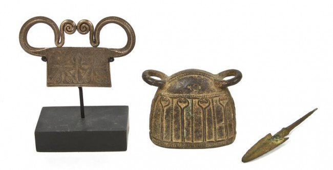 A Group of Three Southeast Asian Bronze Articles,: A Group of Three Southeast Asian Bronze Articles, comprised of a rectangular pendant, Laos, having scrolls at top, a bronze arrow head and a Taiwanese bell. Height of tallest 4 3/4 inches. Property fr