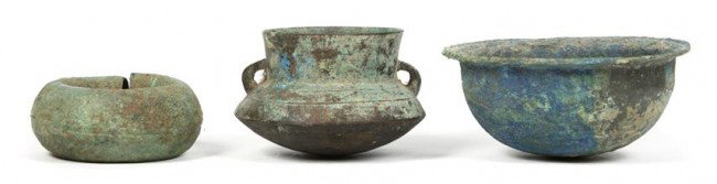 A Group of Three Southeast Asian Bronze Vessels,: A Group of Three Southeast Asian Bronze Vessels, comprising two Khmer bowls, one of shallow form with inverted rim, another of baluster form with lug handles at sides and one Vietnamese bronze bracele