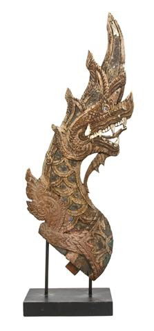 A Carved Wood Architectural Element, Taiwan, Heig: A Carved Wood Architectural Element, Taiwan, in the form of a serpent, having carved decoration throughout, with remnants of polychrome pigments, Mica and glass. Height 35 1/4 inches. Property from th