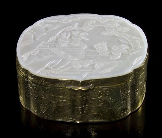 A Chinese White Jade Plaque, Width of plaque 4 3/4 : A Chinese White Jade Plaque, likely from the head of a ruyi scepter, carved with a scene depicting scholars in an outdoor setting near a stream, mounted on a gilt metal box. Width of plaque 4 3/4 inch
