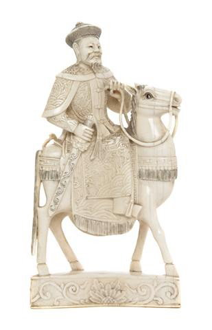 A Chinese Carved Ivory Figure of a Horseback Emper: A Chinese Carved Ivory Figure of a Horseback Emperor, the gentleman depicted with sword upon a horse with crescent form base. Height of ivory 8 inches. Property from the Estate of Dr. Werner E. Braatz