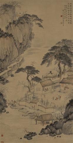 A Chinese Watercolor on Paper, Height 51 1/2 x wid: A Chinese Watercolor on Paper, depicting a village scene, mounted as a scroll. Height 51 1/2 x width 26 inches. Property being sold to benefit the Big Shoulders Fund, Chicago, Illinois