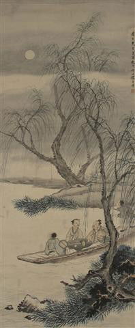 A Chinese Watercolor on Paper, Height 53 x width 2: A Chinese Watercolor on Paper, depicting a group of four men fishing, and mounted as a scroll. Height 53 x width 22 1/8 inches. Property being sold to benefit the Big Shoulders Fund, Chicago, Illinois