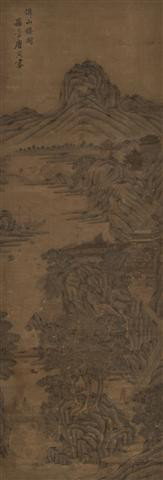 A Chinese Painting on Paper, Tang Yin, Height of i: A Chinese Painting on Paper, Tang Yin, Qing Dynasty, possibly 18th century, depicting a landscape scene in polychrome ink of a river amongst rocky hills, having inscription at top left with four red s
