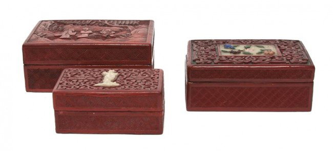A Group of Three Cinnabar Boxes, Height of largest: A Group of Three Cinnabar Boxes, of rectangular form having traditional geometric carved decoration throughout. Height of largest 2 3/8 x width 3 7/8 x depth 5 1/2. Property from the Collection of Rob