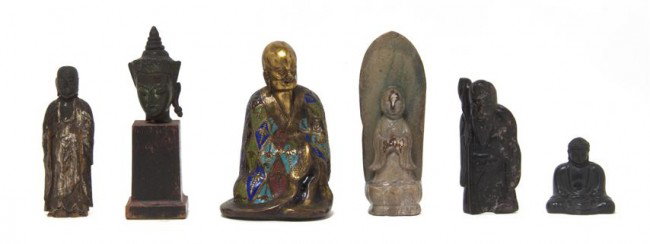 A Gilt and Enameled Bronze Figure of a Buddhist Di: A Gilt and Enameled Bronze Figure of a Buddhist Disciple, the figure shown in a seated position with a patchwork cloak in multiple colors of enamel, together with a Thai Buddha head, a stone figural c