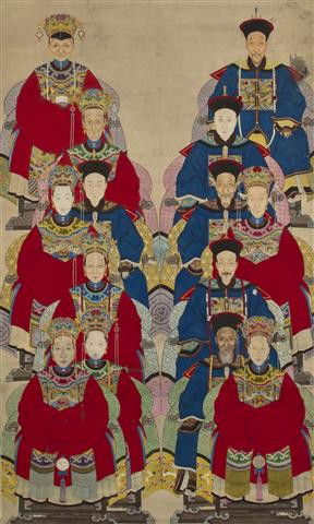 A Chinese Ancestral Portrait, Height 51 1/2 x widt: A Chinese Ancestral Portrait, depicting fourteen figures in a seated pose, all having elaborately decorated blue and red silk robes. Height 51 1/2 x width 31 inches.