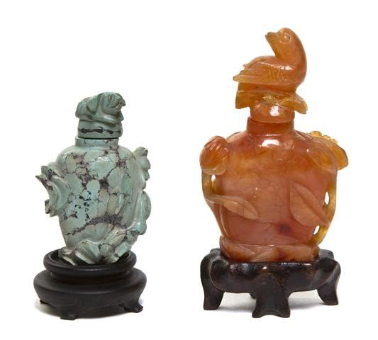 A Carved Agate and Turquoise Snuff Bottle, Height : A Carved Agate and Turquoise Snuff Bottle, both having carved and raised floral motifs throughout. Height of tallest 2 1/2 inches. Property from the Collection of Dr. Samuel Grant, Chicago, Illinois