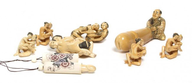 A Group of Nine Ivory Erotic Figures (Shunga), Hei: A Group of Nine Ivory Erotic Figures (Shunga), depicting erotic scenes and figures, including a carving of three figures in an erotic pose. Height of tallest 3 1/2 inches. Property from The Dayton Art