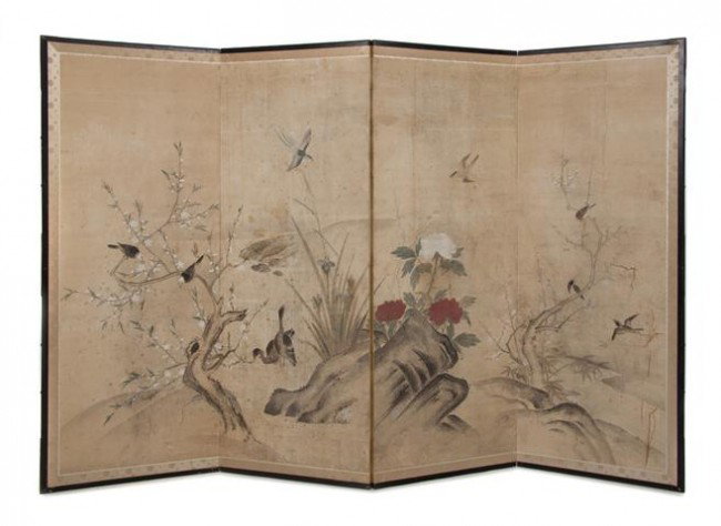 A Japanese Painted Four-Panel Screen, Height 51 x : A Japanese Painted Four-Panel Screen, Meiji period, the painting on paper depicting flying birds amongst flowering plants. Height 51 x width of each panel 20 inches. Property from the William H. Moore