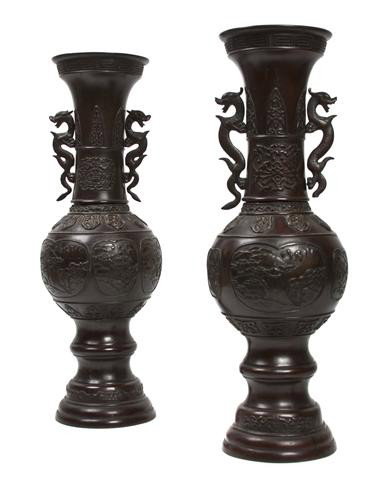 A Pair of Japanese Bronze Vases, Height 19 3/4 inc: A Pair of Japanese Bronze Vases, each of baluster form with applied dragon handles decorated with landscape scenes. Height 19 3/4 inches. Property from the Estate of Dr. Werner E. Braatz, Oshkosh, Wis