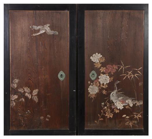 A Pair of Japanese Painted Pine Doors, Height 72 x: A Pair of Japanese Painted Pine Doors, Meiji period, each decorated with bamboo and cranes. Height 72 x width 39 inches. Property from the William H. Moore Trust, Hobe Sound, Florida