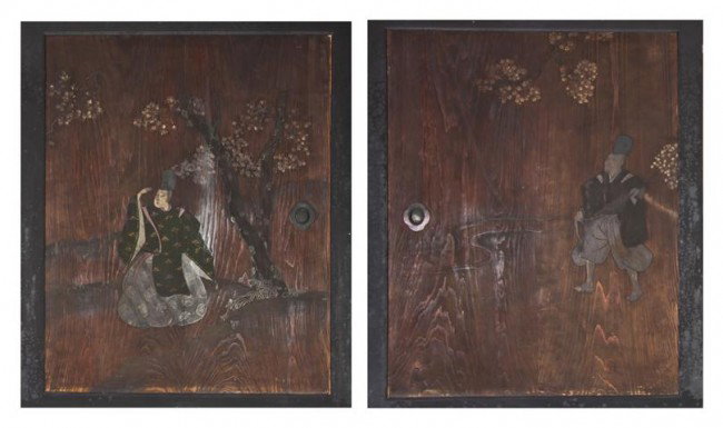 A Pair of Japanese Painted Pine Doors, Height 67 x: A Pair of Japanese Painted Pine Doors, Meiji period, each decorated with figures and animals amongst plants upon a weathered reserve. Height 67 x width 57 inches. Property from the William H. Moore Tr