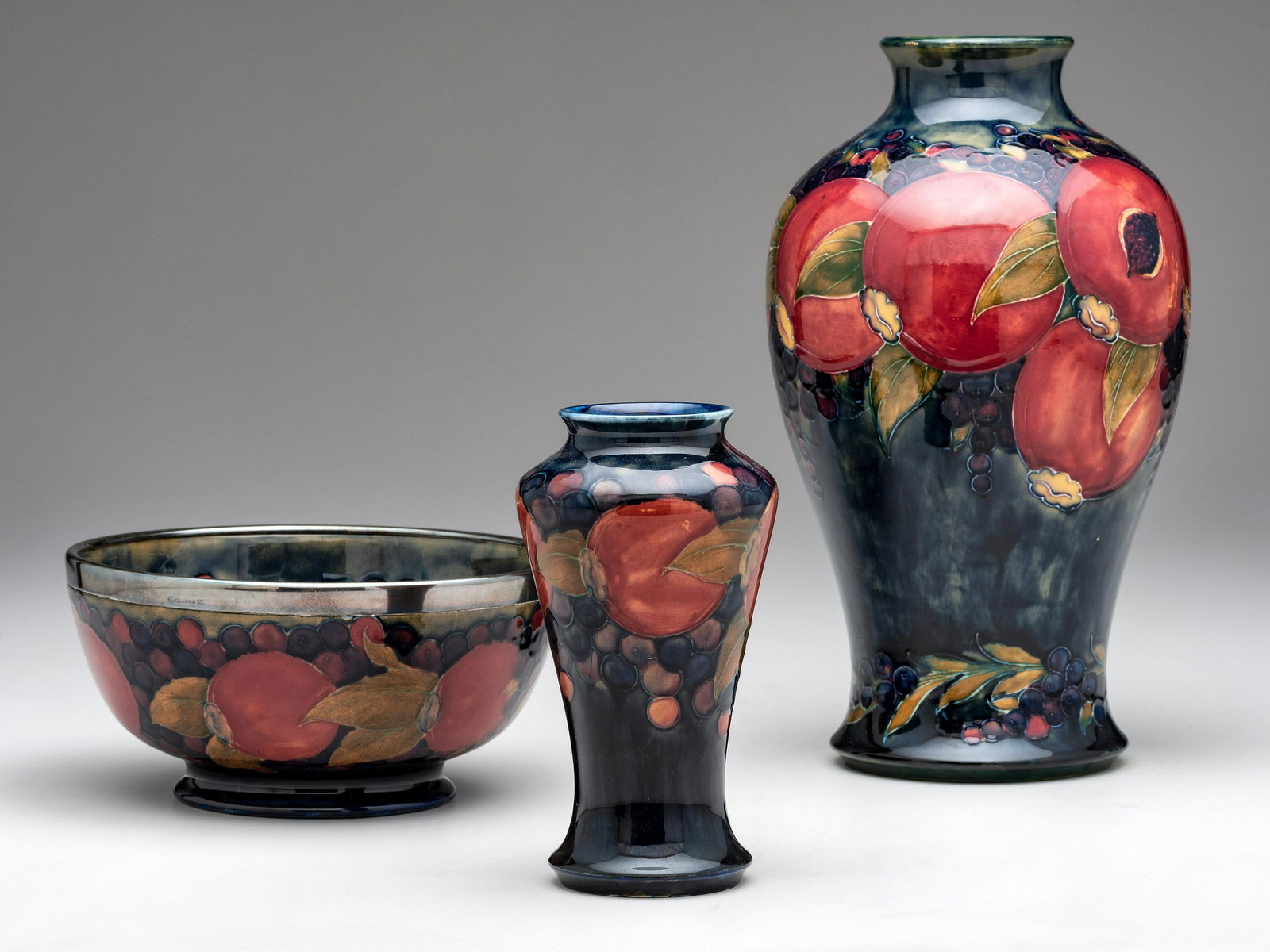 Moorcroft English, 20th Century Vases and Footed Bowl with Metal Mount (1 of 7)