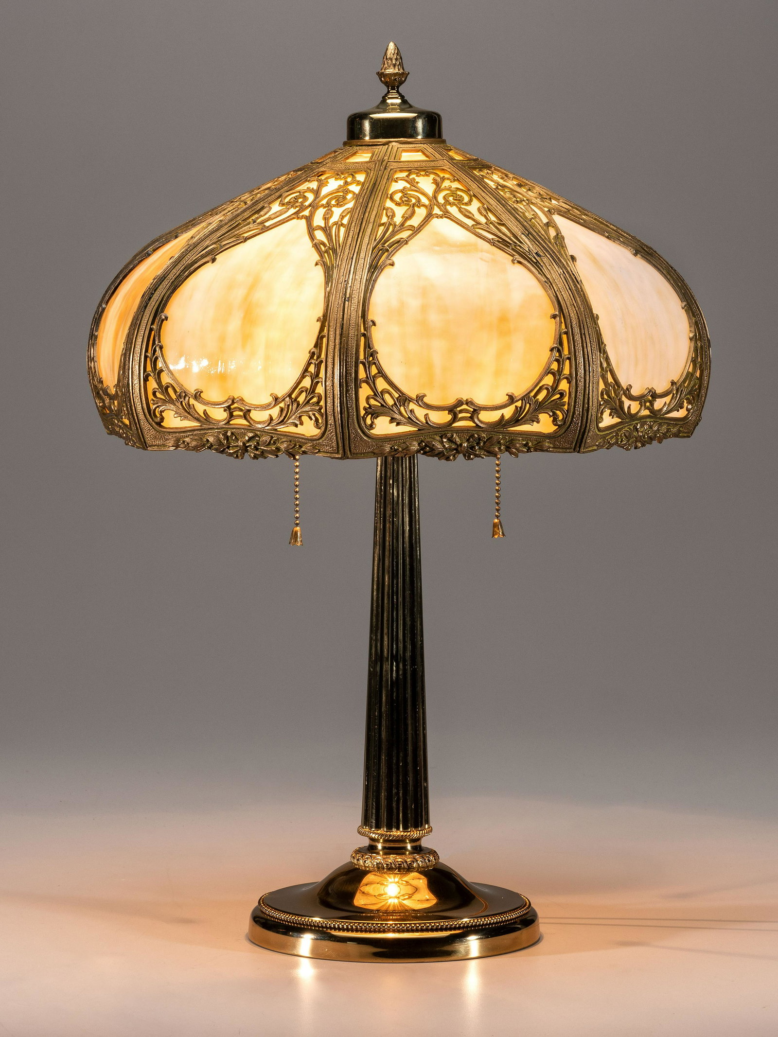 Cattail Slag Glass Lamp American, Early 20th Century: Cattail Slag Glass Lamp American, Early 20th Century slag glass, gilt metal unmarked H 22 inches, Diameter 15 inches. Property from the Carmen S. Holeman Trust, Indianapolis, Indiana