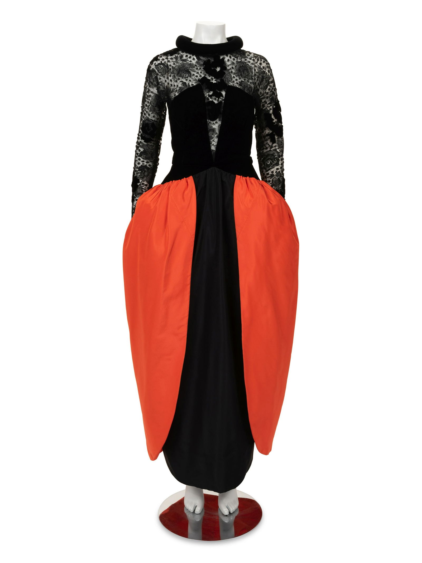 Givenchy Haute Couture Velvet and Taffeta Dress with Rolled Neck, Fall 1978: Givenchy Haute Couture Velvet and Taffeta Dress with Rolled Neck, Fall 1978 Haute Couture black velvet and embellished lace top long sleeve dress with tubing along the neckline, black and orange taffe