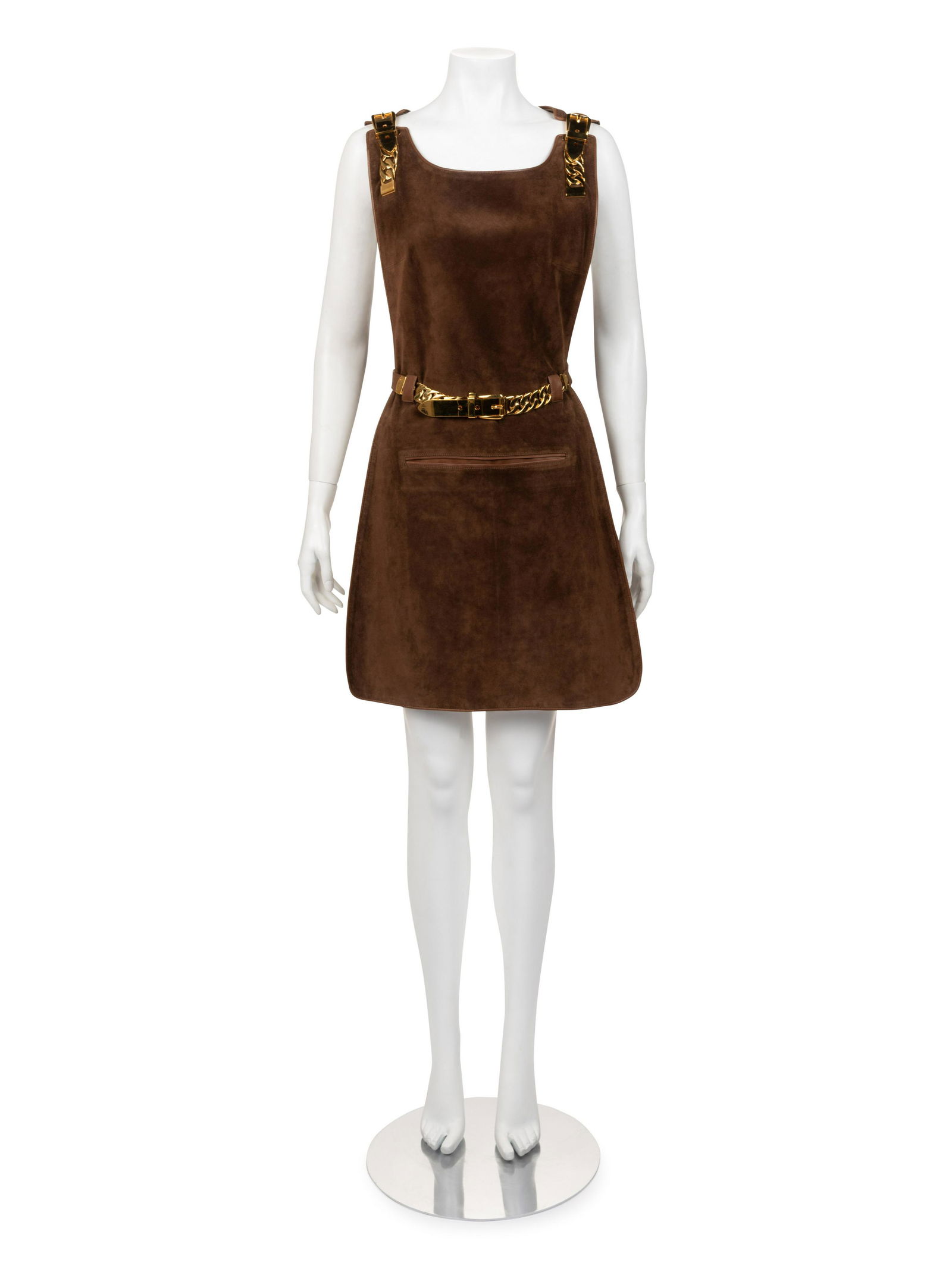 Gucci Brown Suede Belted Tunic with Chain Hardware, 1970s: Gucci Brown Suede Belted Tunic with Chain Hardware, 1970s Brown sueded leather tunic with gold-tone chain shoulder straps with buckles, a front double welt pouch pocket, and a matching belt with gold-