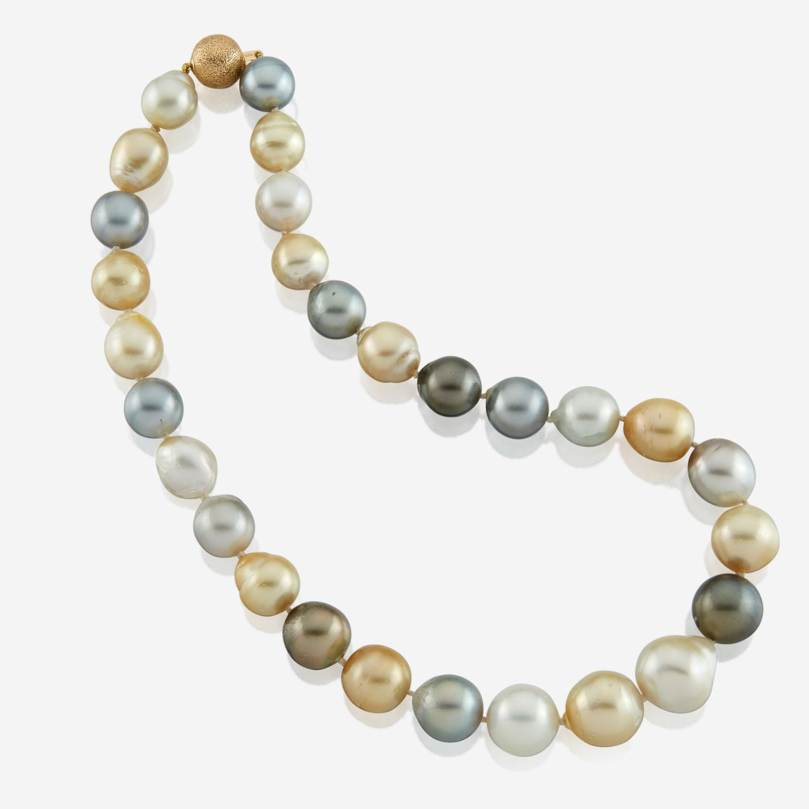 A strand of baroque cultured pearls: A strand of baroque cultured pearls comprised of black, gold, and white baroque cultured pearls measuring approximately 16.50 to 12.00mm, completed by textured 14K gold ball clasp. (97.7 g.; Length: 1