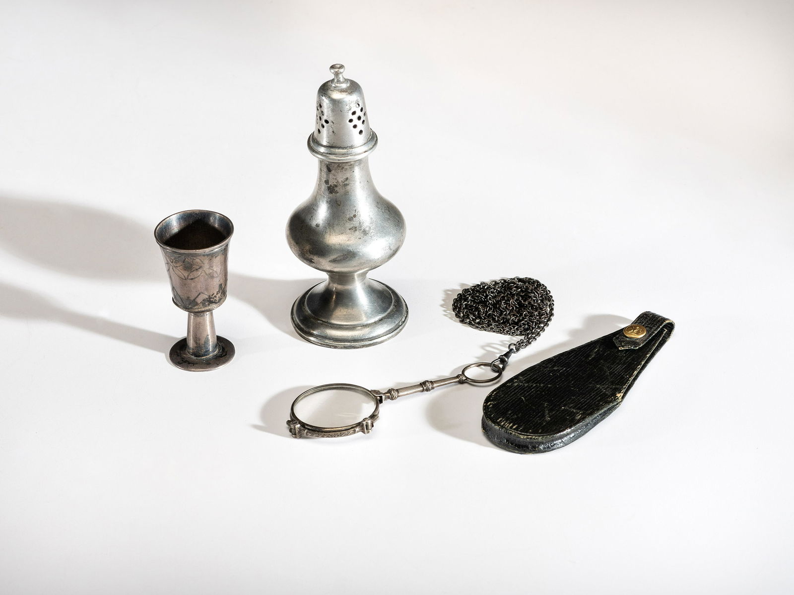 Muffineer, Cordial and Lorgnette with Signed Case, Belonging to Joseph Henry Sharp: Muffineer, Cordial and Lorgnette with Signed Case, Belonging to Joseph Henry Sharp early 20th century lot of 3, includes: pewter muffineer, the bottom inscribed BELONGED TO J.H. SHARP length 5-5/8 inc