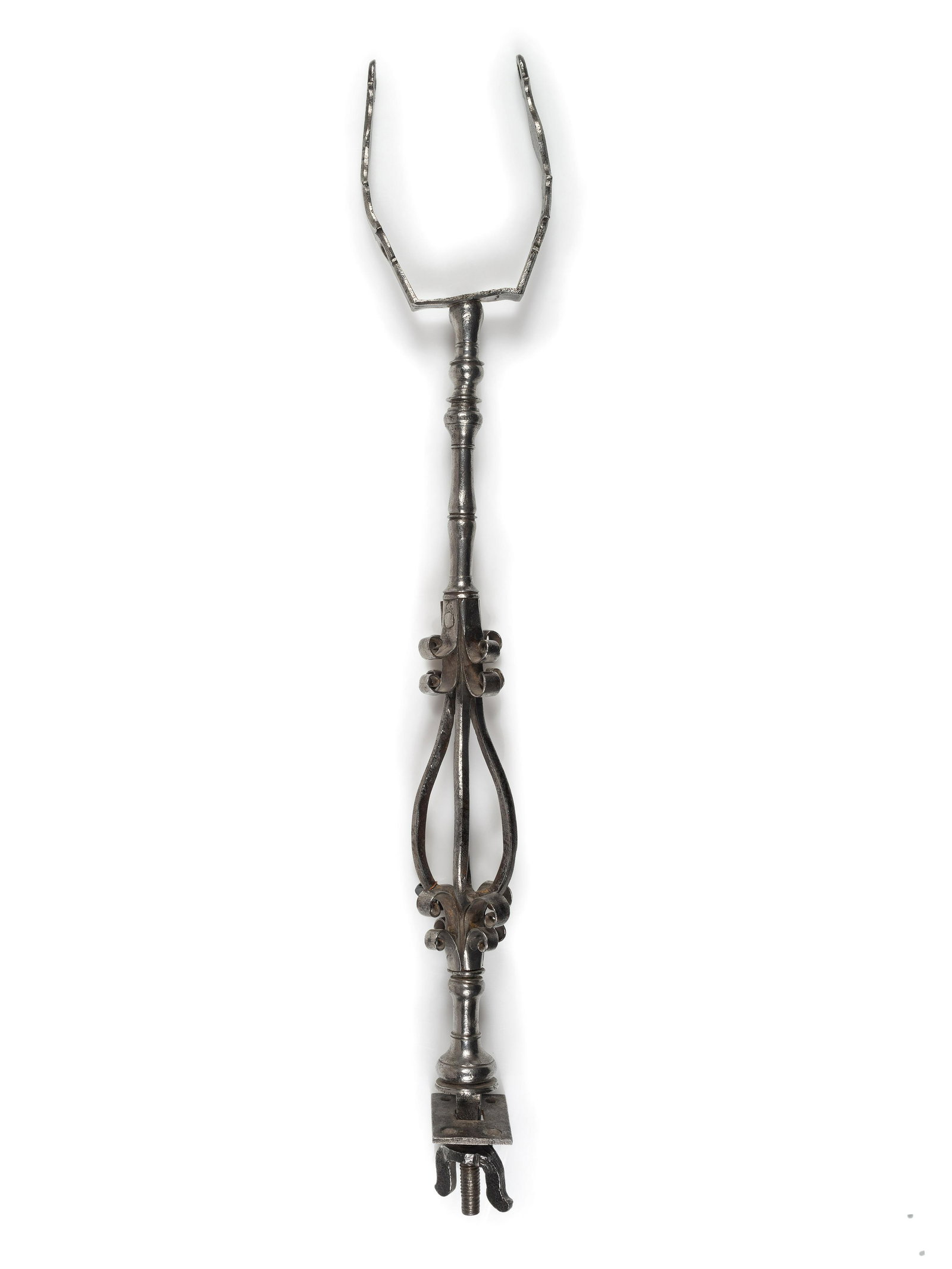 Spanish Colonial Wrought Iron Gun Mount: Spanish Colonial Wrought Iron Gun Mount 17th century having scrolling and openwork elements; forked opening for gun placement height 28 inches