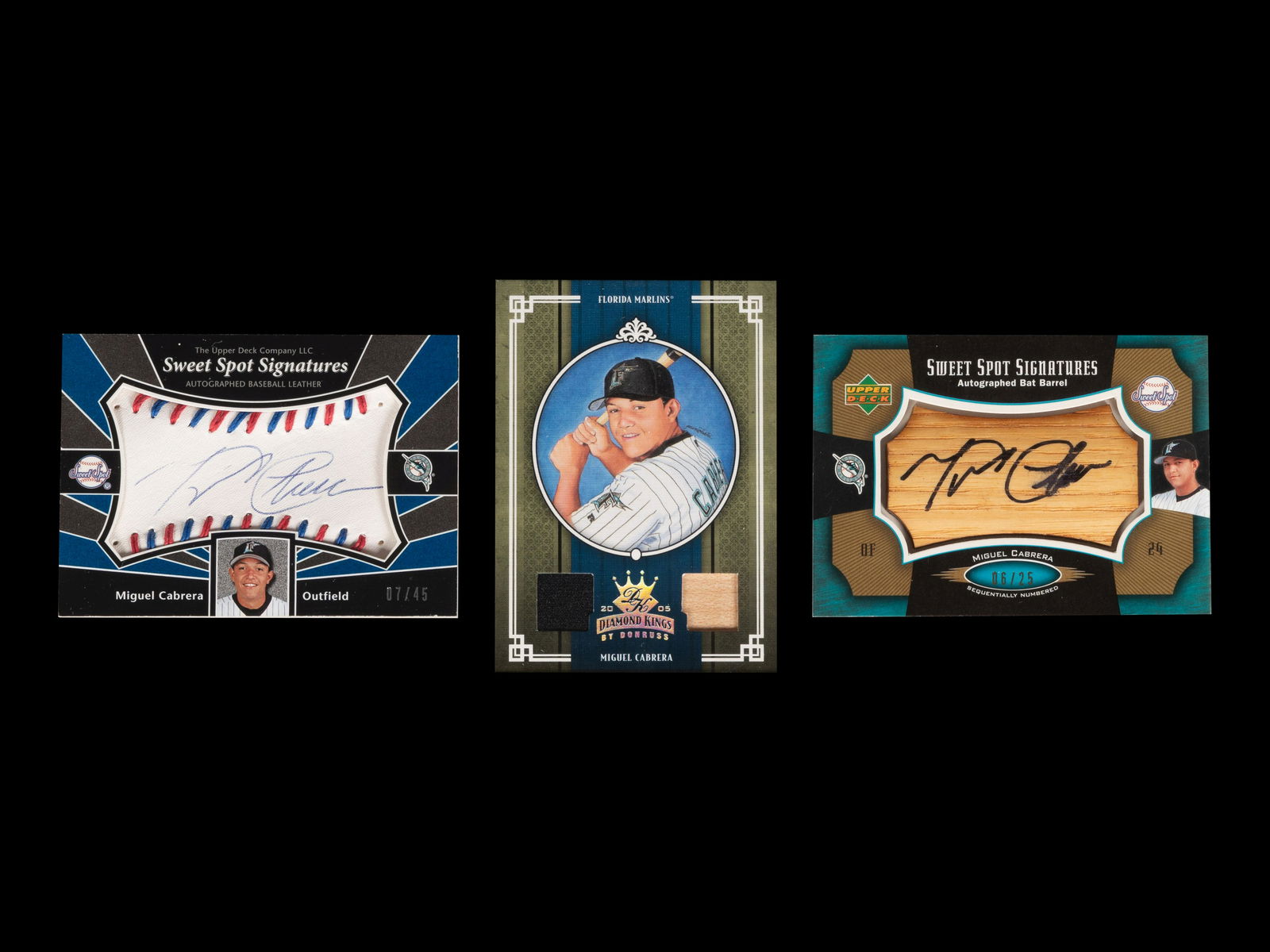 A Group of Three Miguel Cabrera Signed Autograph and Game Used Baseball Hit Cards, (1 of 2)