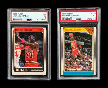 A Group of Two PSA Graded 1988 Fleer Michael Jordan Basketball Cards,: A Group of Two PSA Graded 1988 Fleer Michael Jordan Basketball Cards, comprising No. 17 (PSA 5 EX) and All-Star No. 120 (PSA EX 5). Property from the Collection of Mr. Dan Houlihan