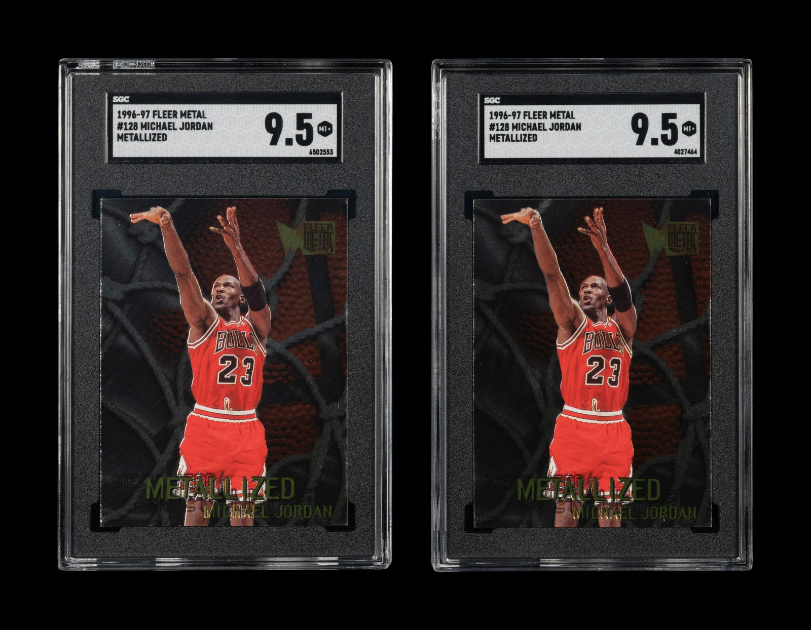 A Group of Two SGC 9.5 (NM+) 1996-97 Fleer Metal Metallized Michael Jordan Basketball Cards No. 128 (1 of 2)