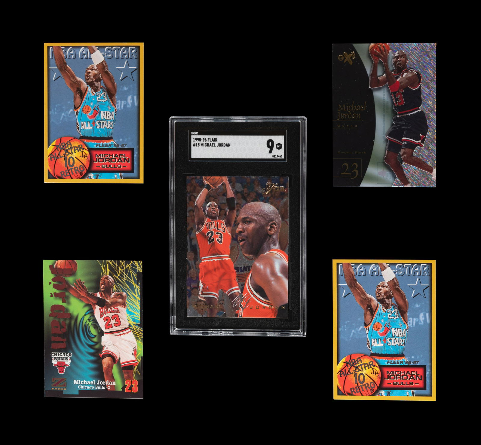 A Group of Five Michael Jordan Basketball Cards, (1 of 2)