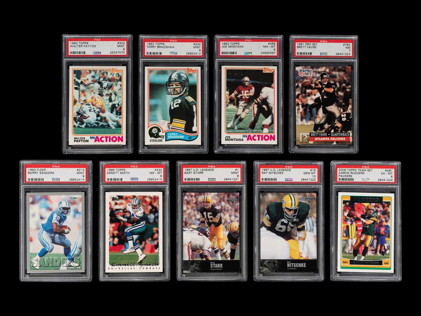 A Group of Nine 1980s-2000s Hall of Fame Graded Football Cards, (1 of 2)