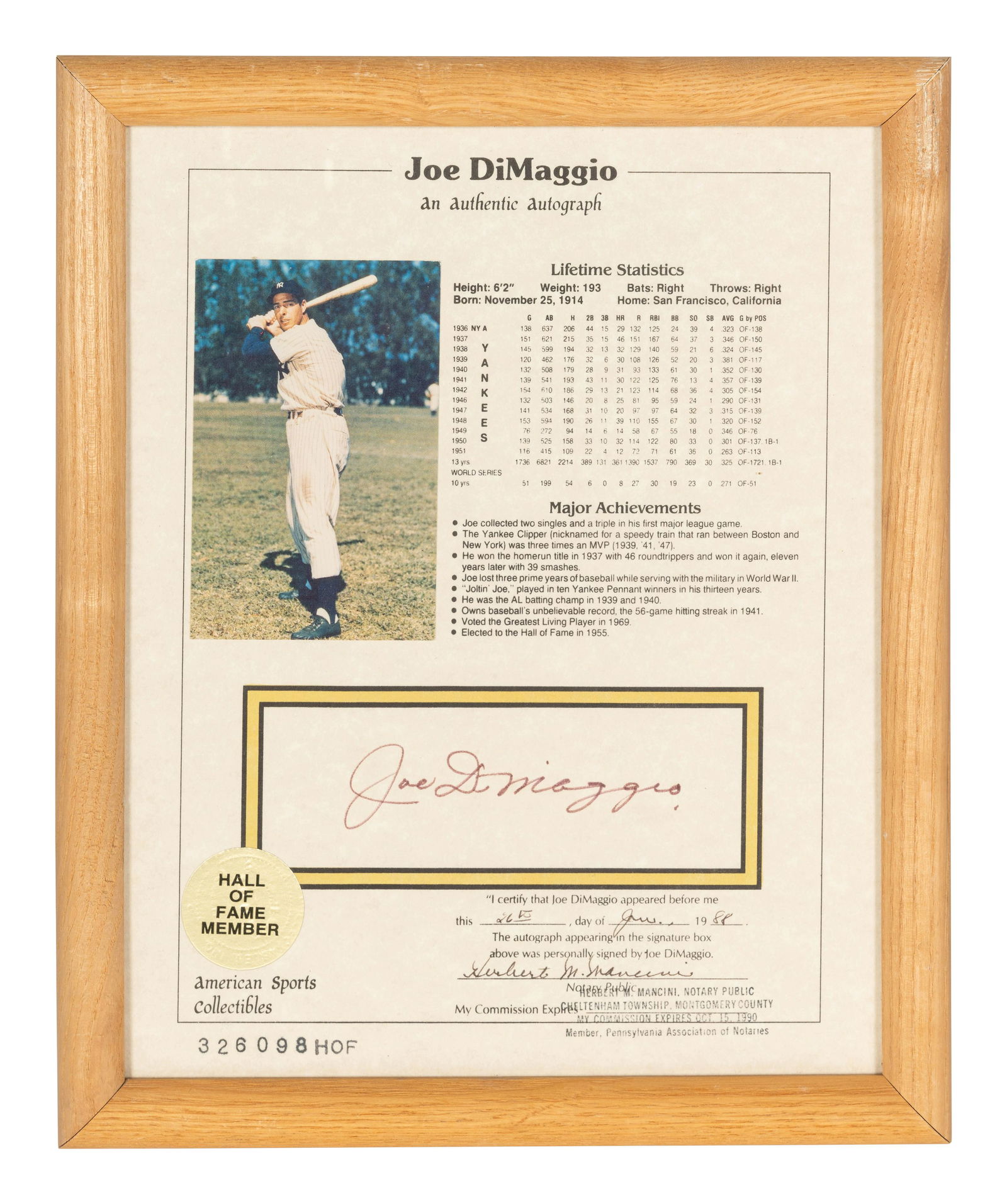 A Joe DiMaggio Signed Autograph Career Statistics Display (Beckett Authentication Services Letter (1 of 4)