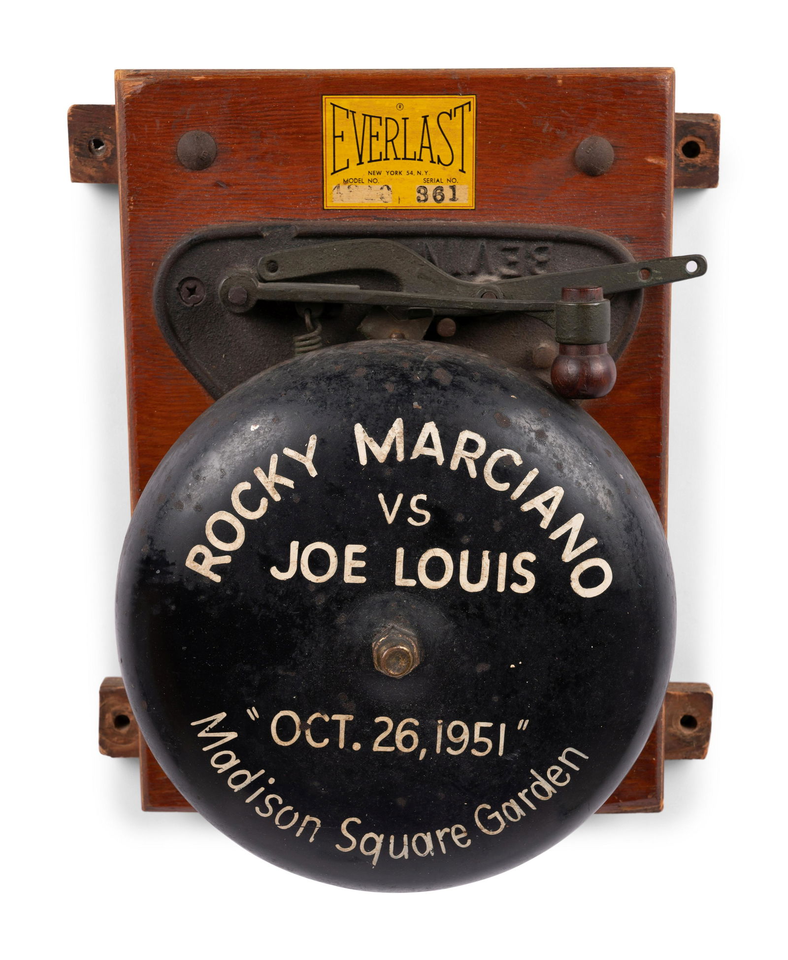 A Vintage Everlast Boxing Bell Inscribed With Titling From October 26, 1951 Rocky Marciano vs Joe: A Vintage Everlast Boxing Bell Inscribed With Titling From October 26, 1951 Rocky Marciano vs Joe Louis Heavyweight Fight at Madison Square Garden Property of a Naples Collection