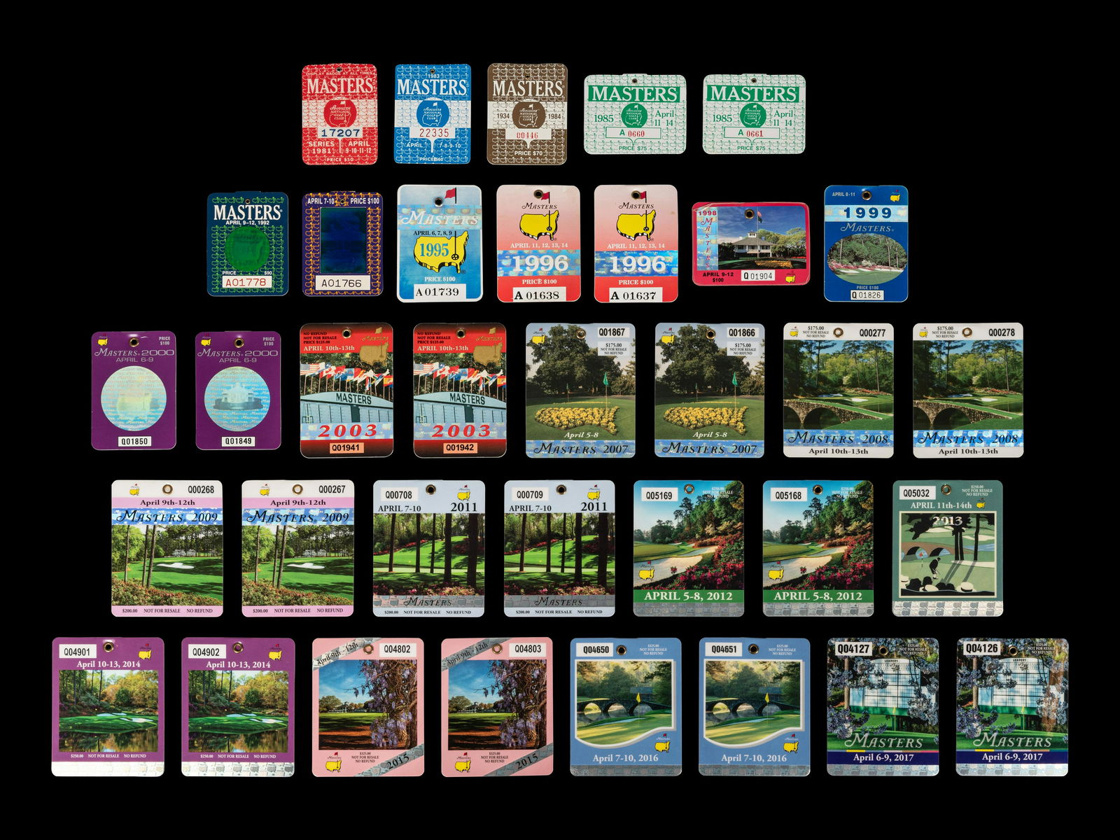 A Group of 35 1980s-2000s Masters Golf Tournament Augusta National Badges Including Tiger Woods' (1 of 2)