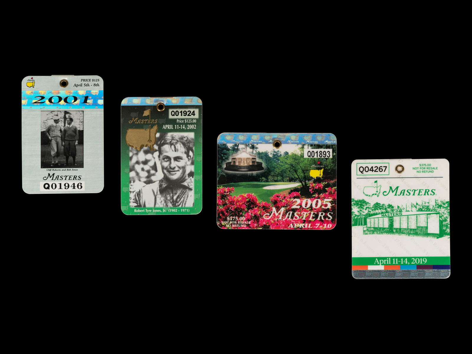 A Group of Four Tiger Woods Augusta National Masters Championship Badges (2001, 2002, 2005, 2019) (1 of 2)