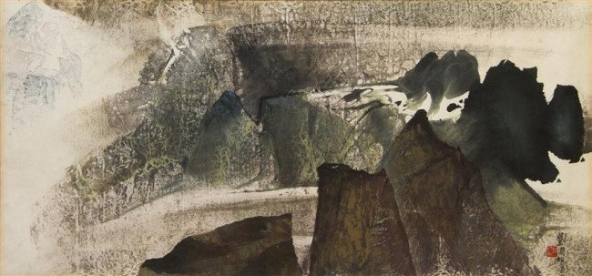 Liu Kuo Sung, (Taiwanese, b. 1932), In My View, 196: Liu Kuo Sung (Taiwanese, b. 1932) In My View, 1968 ink and color on paper signed with the artist's seal (lower left) 18 x 37 inches.