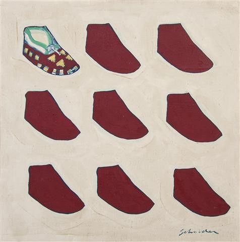 Fritz Scholder, (American, 1937-2005), Moccasin Pat: Fritz Scholder (American, 1937-2005) Moccasin Pattern, 1968 oil on canvas signed Scholder (lower right), titled and dated (verso) 24 x 24 inches. Property from the Estate of Tom G. an
