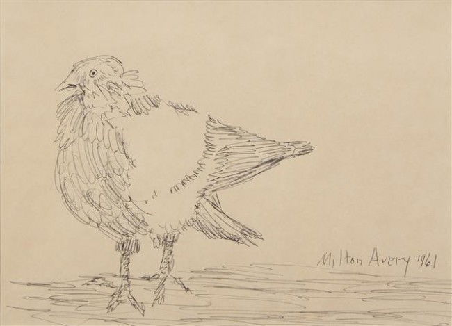 Milton Avery, (American, 1885-1965), Quail, 1961: Milton Avery (American, 1885-1965) Quail, 1961 ink on paper signed Milton Avery and dated (lower right) 7 1/2 x 10 inches. Property from the Estate of Tom G. and Mary Jane McClain, Ph
