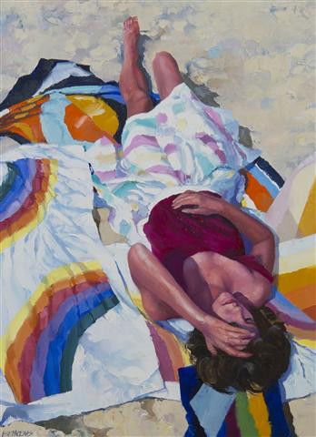 Howard Behrens, (American, b. 1933), Lounging in t: Howard Behrens (American, b. 1933) Lounging in the Sun oil on canvas signed Behrens (lower left) 46 x 34 inches. Property from the Collection of the Saugatuck Center for the Arts, Sau