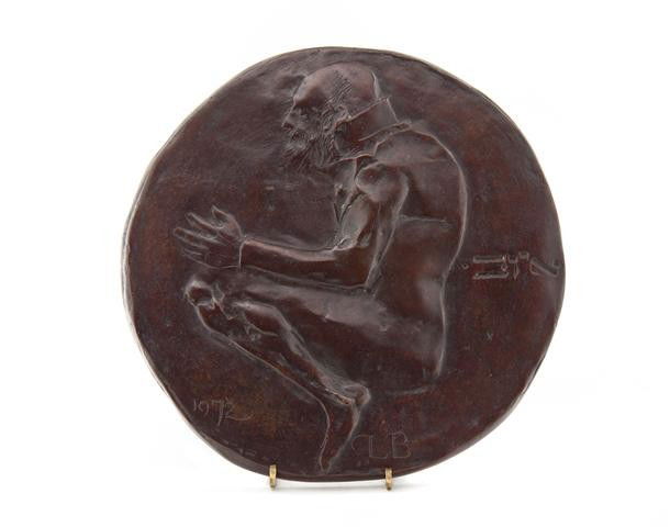 Leonard Baskin, (American, 1922-2000), Man Seated,: Leonard Baskin (American, 1922-2000) Man Seated, 1972 bronze inscribed LB and dated (lower right) Diameter: 9 1/2 inches. Property from the Estate of Tom G. and Mary Jane McClain, Pho