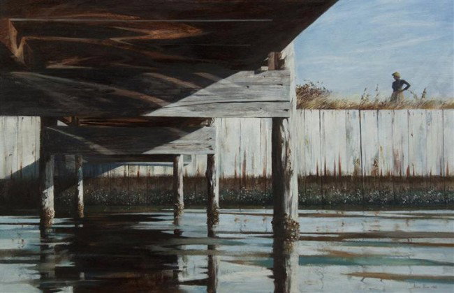 Alan Price, (American, 1926-2002), Woman by a Pier: Alan Price (American, 1926-2002) Woman by a Pier, 1962 oil on paper laid to board signed Alan Price and dated (lower right) 18 3/4 x 26 3/4 inches. Property from the William H. Moore